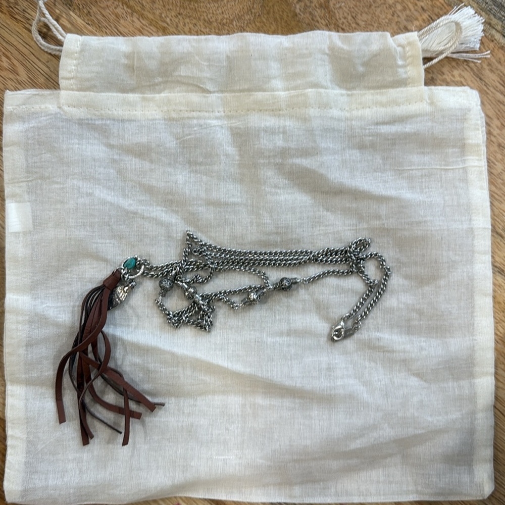 Silver Long chain necklace with leather and turquoise heart charms